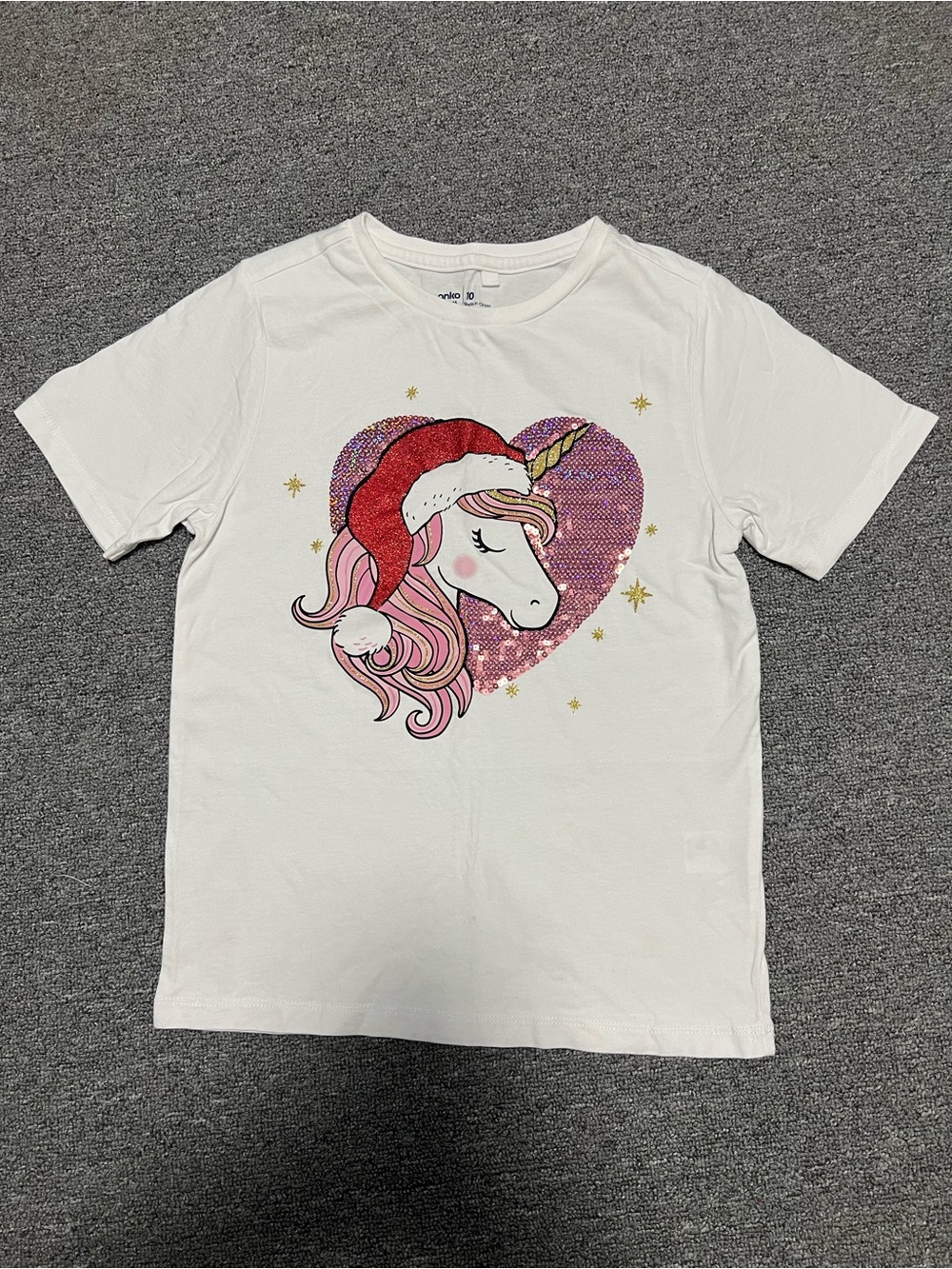Girls' White Unicorn Christmas Tee with Pink Sequin Heart 10T